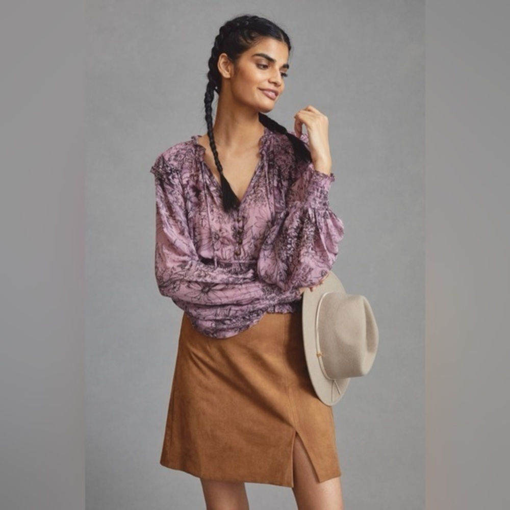 Anthropologie Floral Smocked Waist Blouse Lavender Purple Boho Ruffle Top M